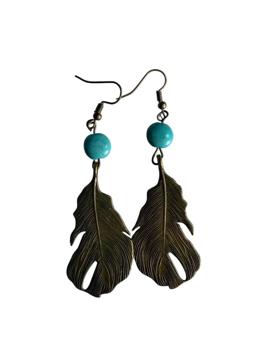 Handmade Boho Turquoise & Bronze Leaf Dangle Earrings