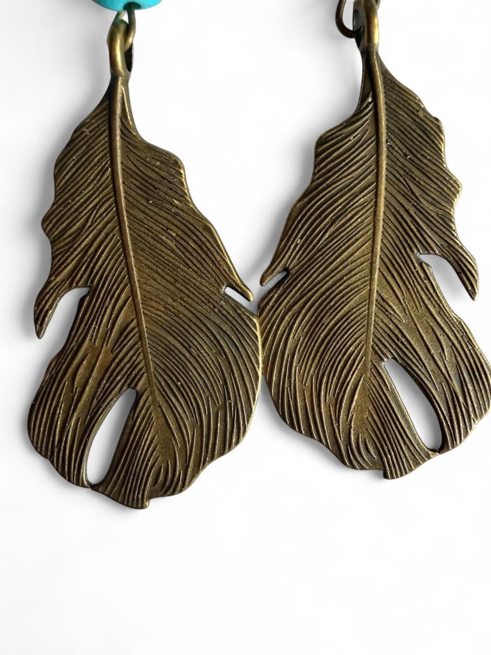 Handmade Boho Turquoise & Bronze Leaf Dangle Earrings