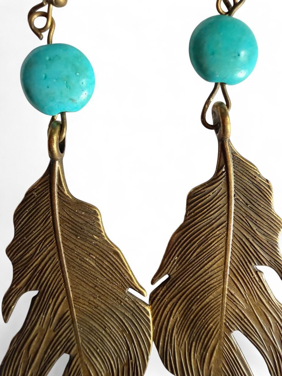Handmade Boho Turquoise & Bronze Leaf Dangle Earrings