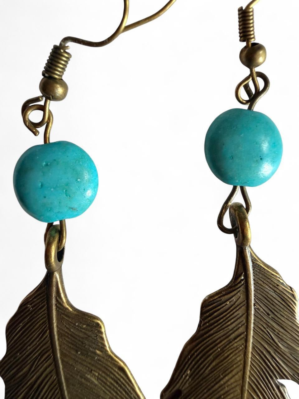 Handmade Boho Turquoise & Bronze Leaf Dangle Earrings