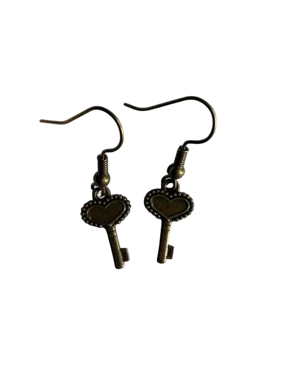 Antique Bronze Heart Key Dangle Earrings - Vintage Boho Style