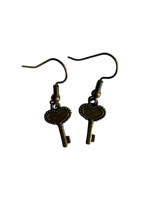 Antique Bronze Heart Key Dangle Earrings - Vintage Boho Style