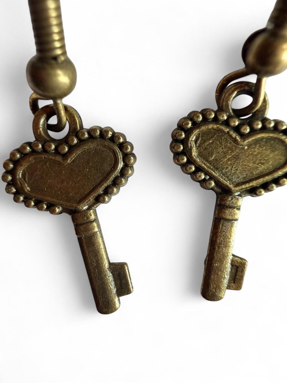 Antique Bronze Heart Key Dangle Earrings - Vintage Boho Style
