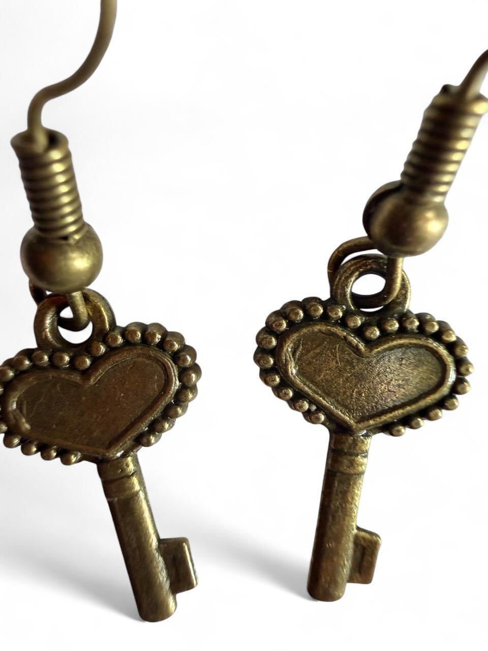 Antique Bronze Heart Key Dangle Earrings - Vintage Boho Style
