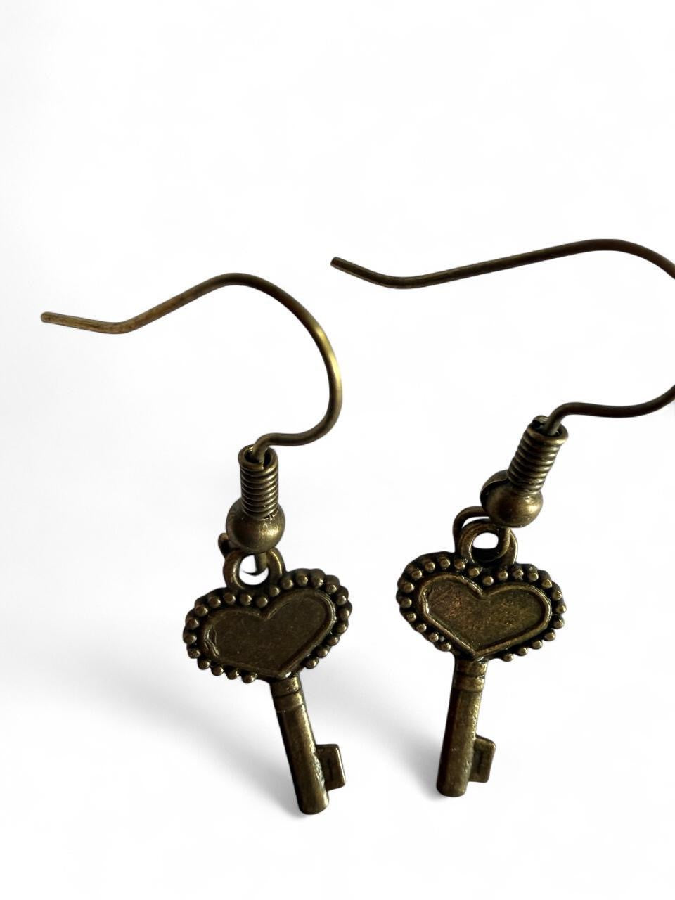 Antique Bronze Heart Key Dangle Earrings - Vintage Boho Style