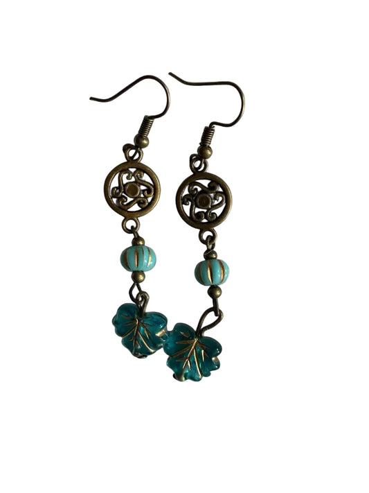 Handmade Antique Bronze & Teal Acrylic Leaf Drop Earrings - Boho Whimsigoth