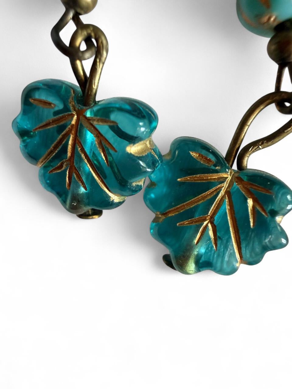 Handmade Antique Bronze & Teal Acrylic Leaf Drop Earrings - Boho Whimsigoth