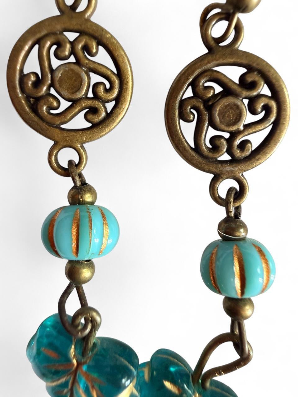 Handmade Antique Bronze & Teal Acrylic Leaf Drop Earrings - Boho Whimsigoth