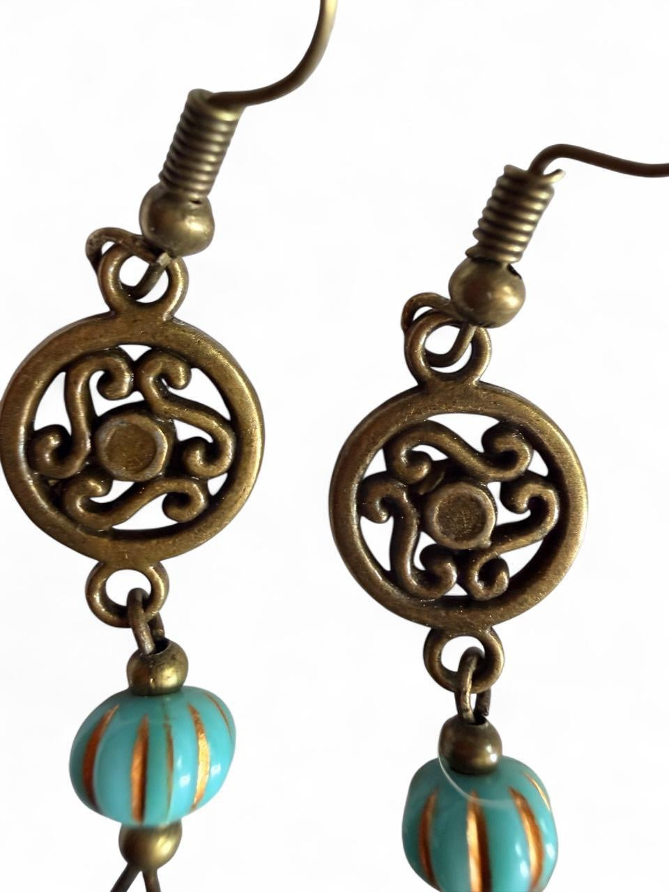 Handmade Antique Bronze & Teal Acrylic Leaf Drop Earrings - Boho Whimsigoth