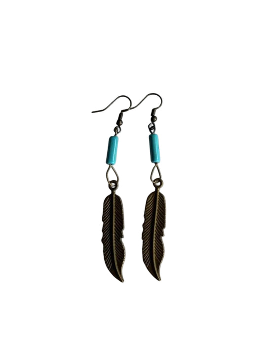 Handmade Bronze Feather & Turquoise Bead Dangle Earrings