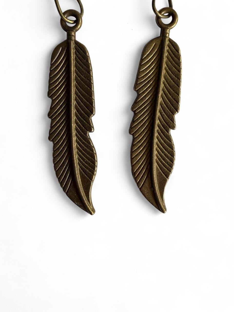 Handmade Bronze Feather & Turquoise Bead Dangle Earrings