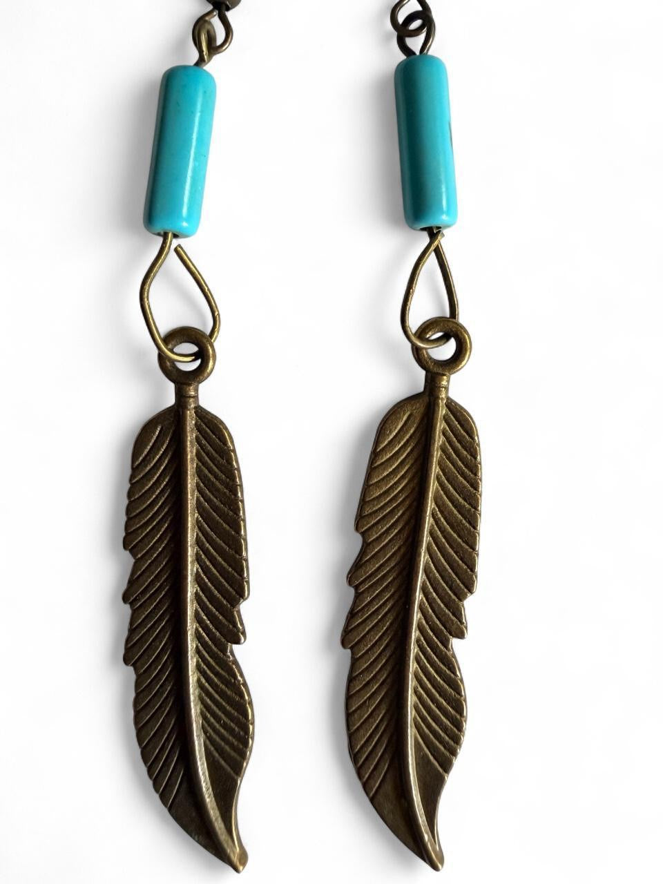 Handmade Bronze Feather & Turquoise Bead Dangle Earrings