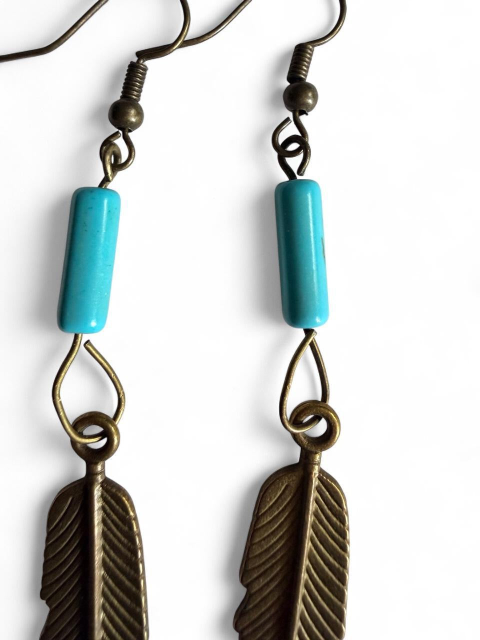 Handmade Bronze Feather & Turquoise Bead Dangle Earrings