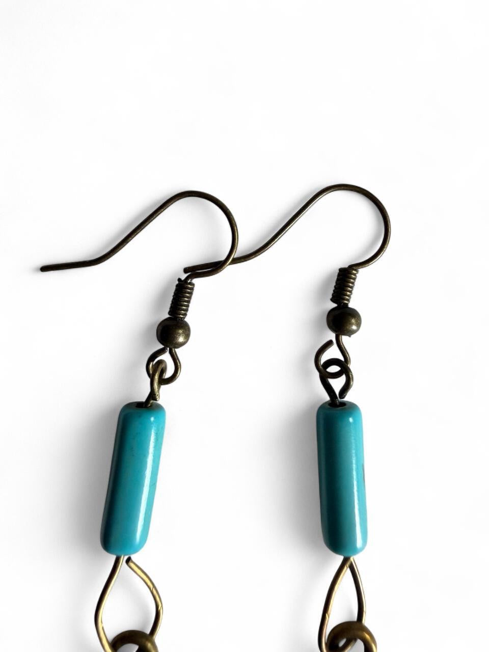 Handmade Bronze Feather & Turquoise Bead Dangle Earrings