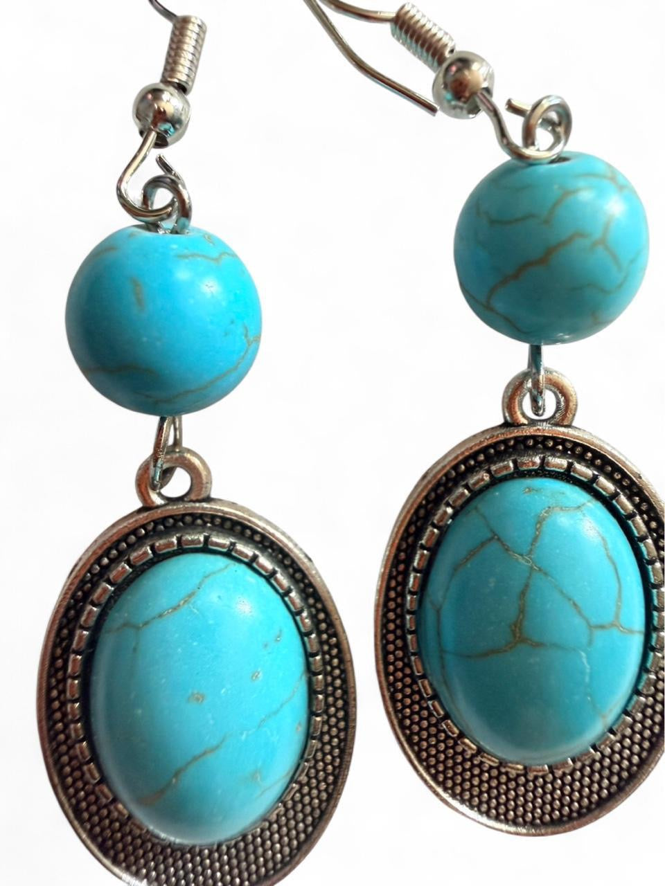 Handmade Turquoise Oval Dangle Earrings - Boho Southwestern Style