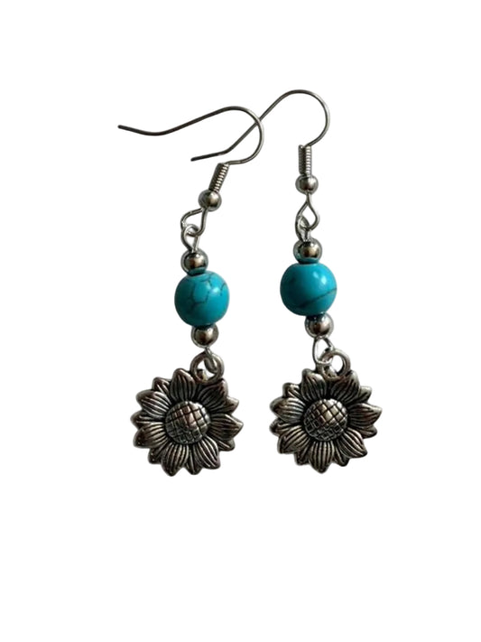 Turquoise Sunflower Dangle Earrings - Handmade Boho Western Jewelry