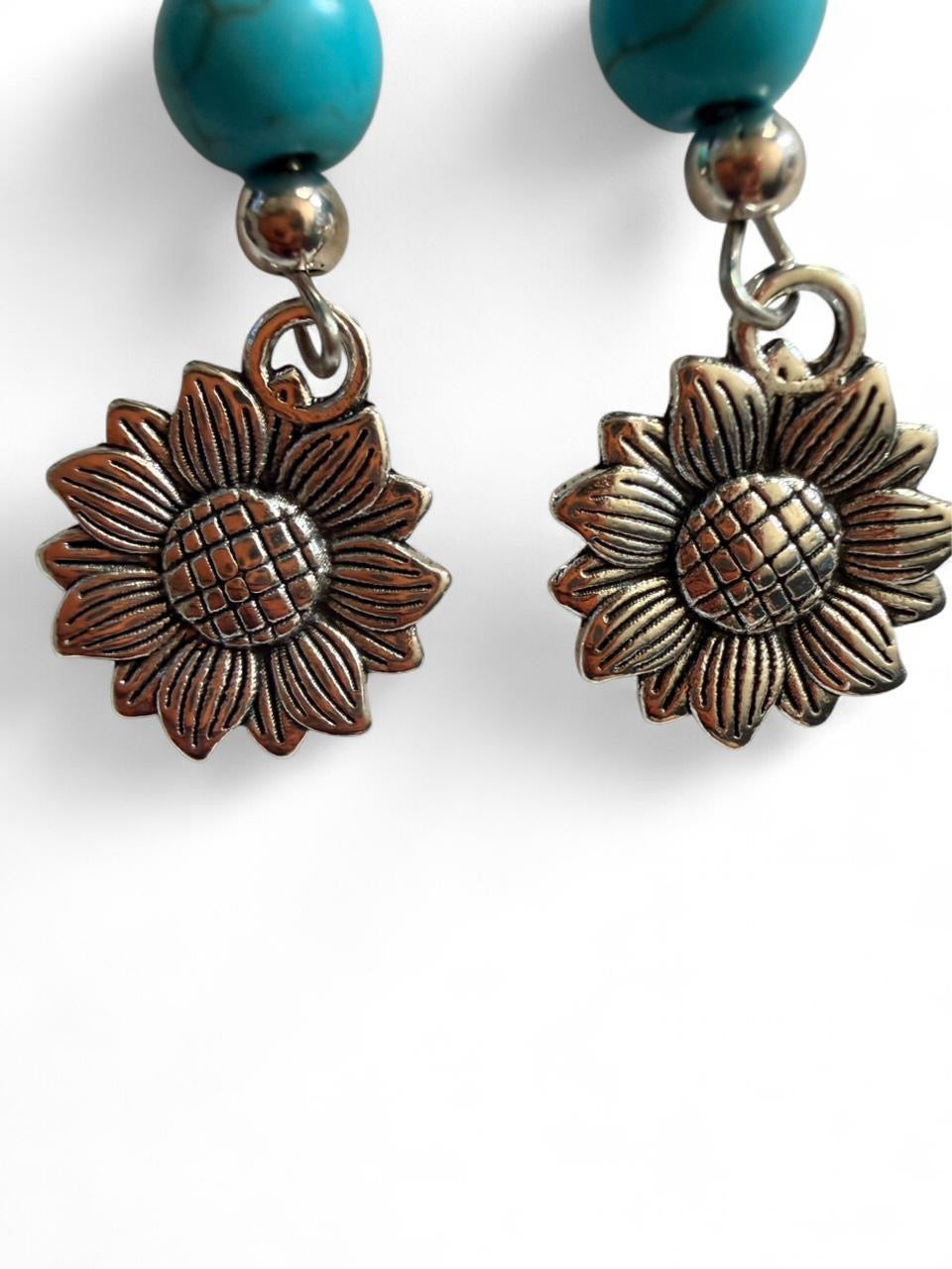 Turquoise Sunflower Dangle Earrings - Handmade Boho Western Jewelry