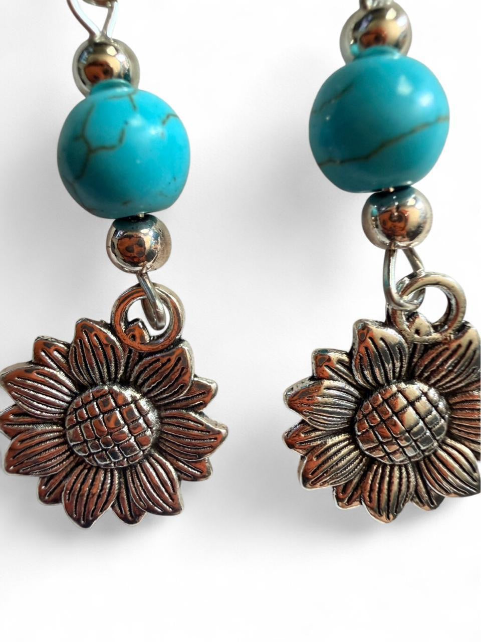 Turquoise Sunflower Dangle Earrings - Handmade Boho Western Jewelry