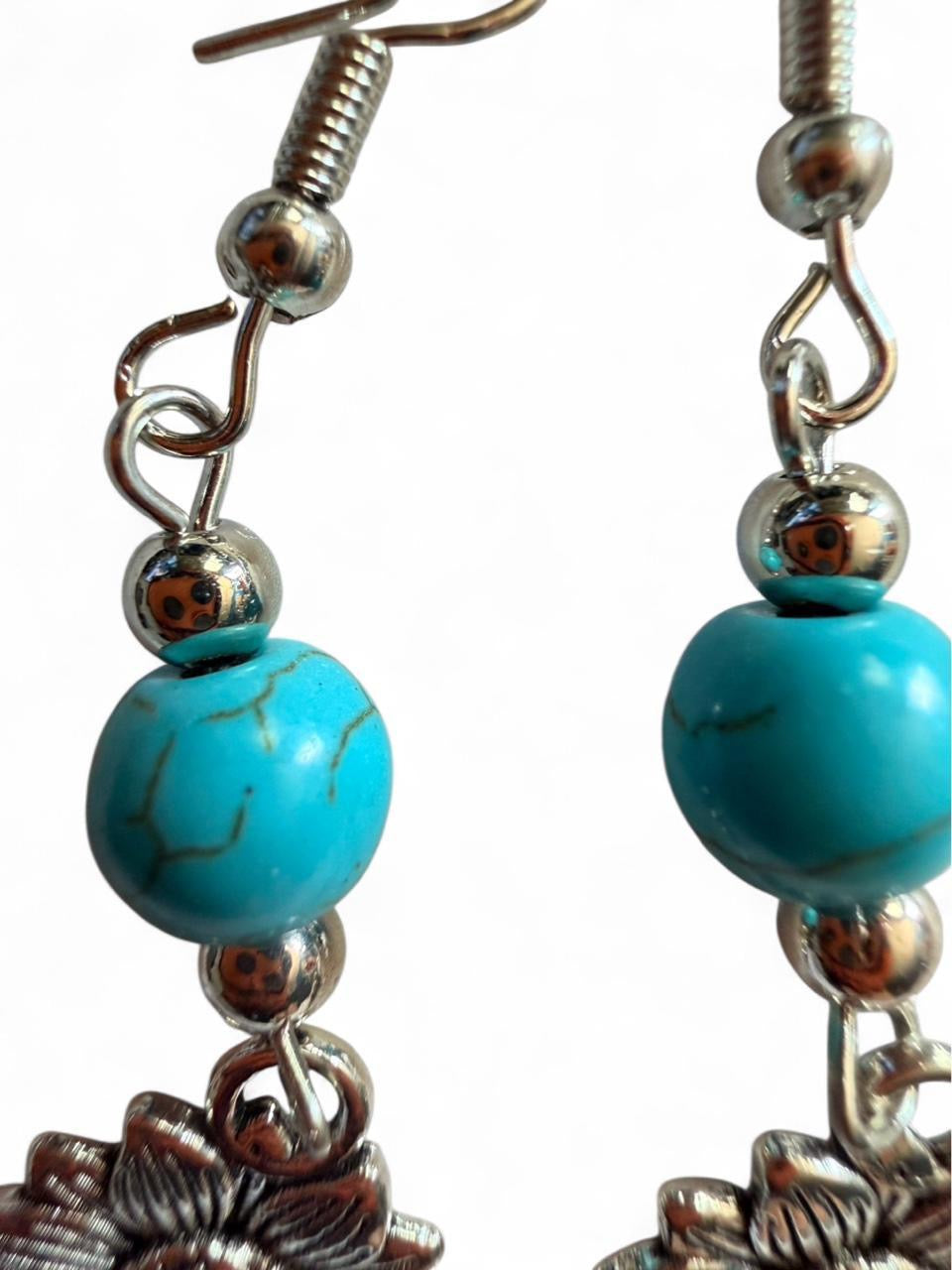 Turquoise Sunflower Dangle Earrings - Handmade Boho Western Jewelry