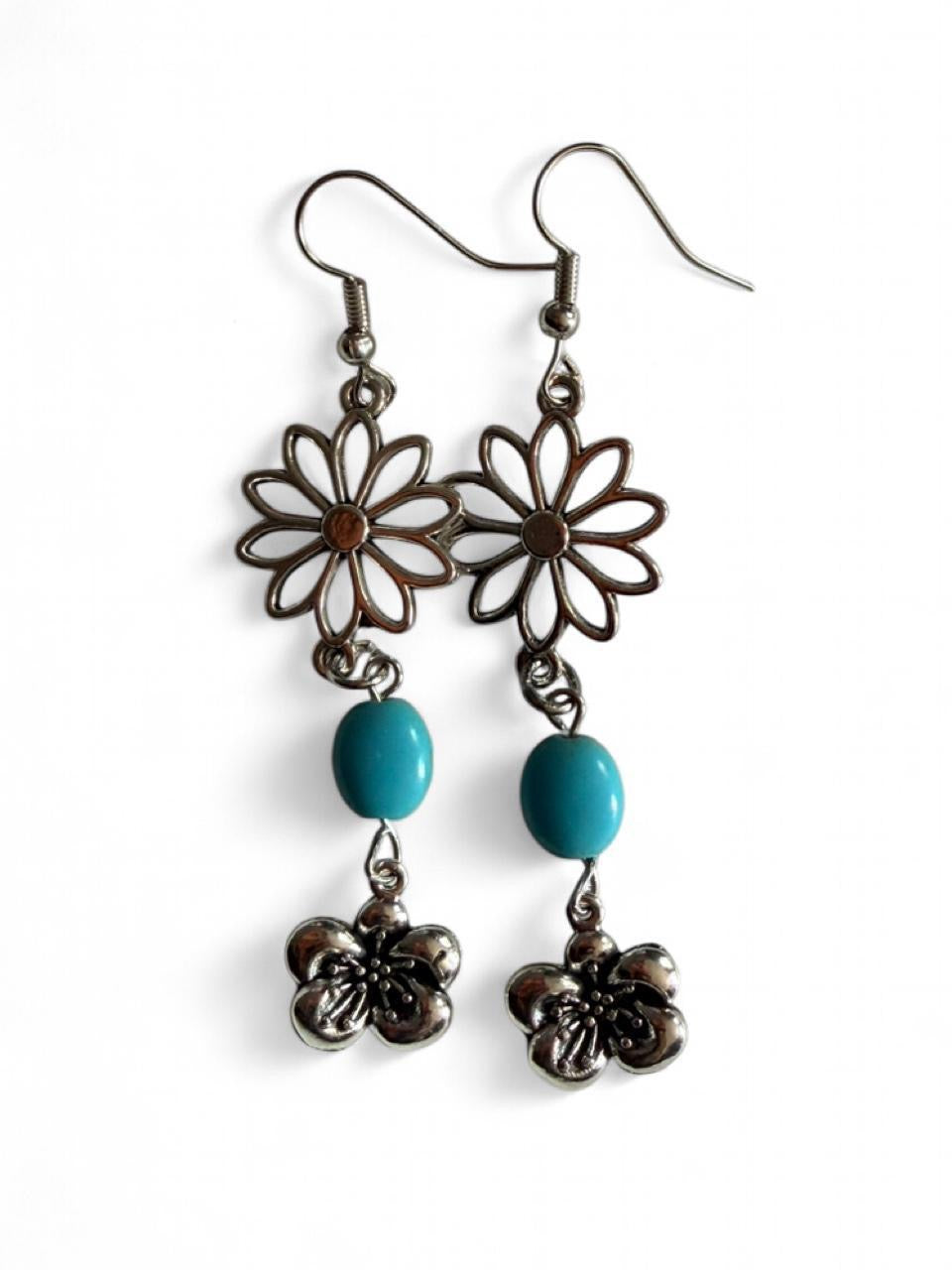 Handmade Turquoise Flower Dangle Earrings – Boho Artisan Jewelry