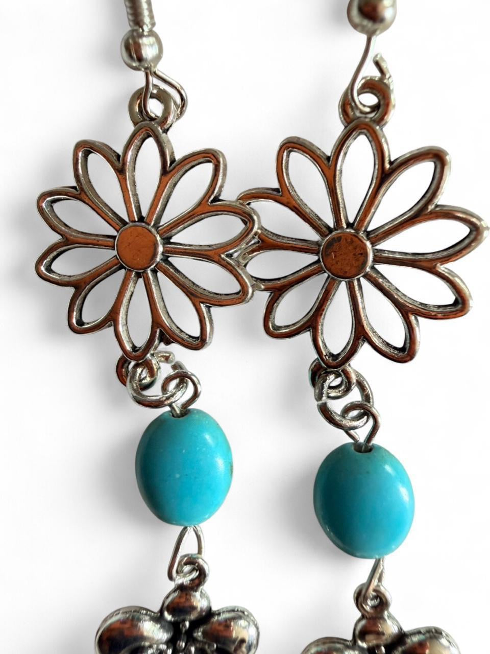 Handmade Turquoise Flower Dangle Earrings – Boho Artisan Jewelry