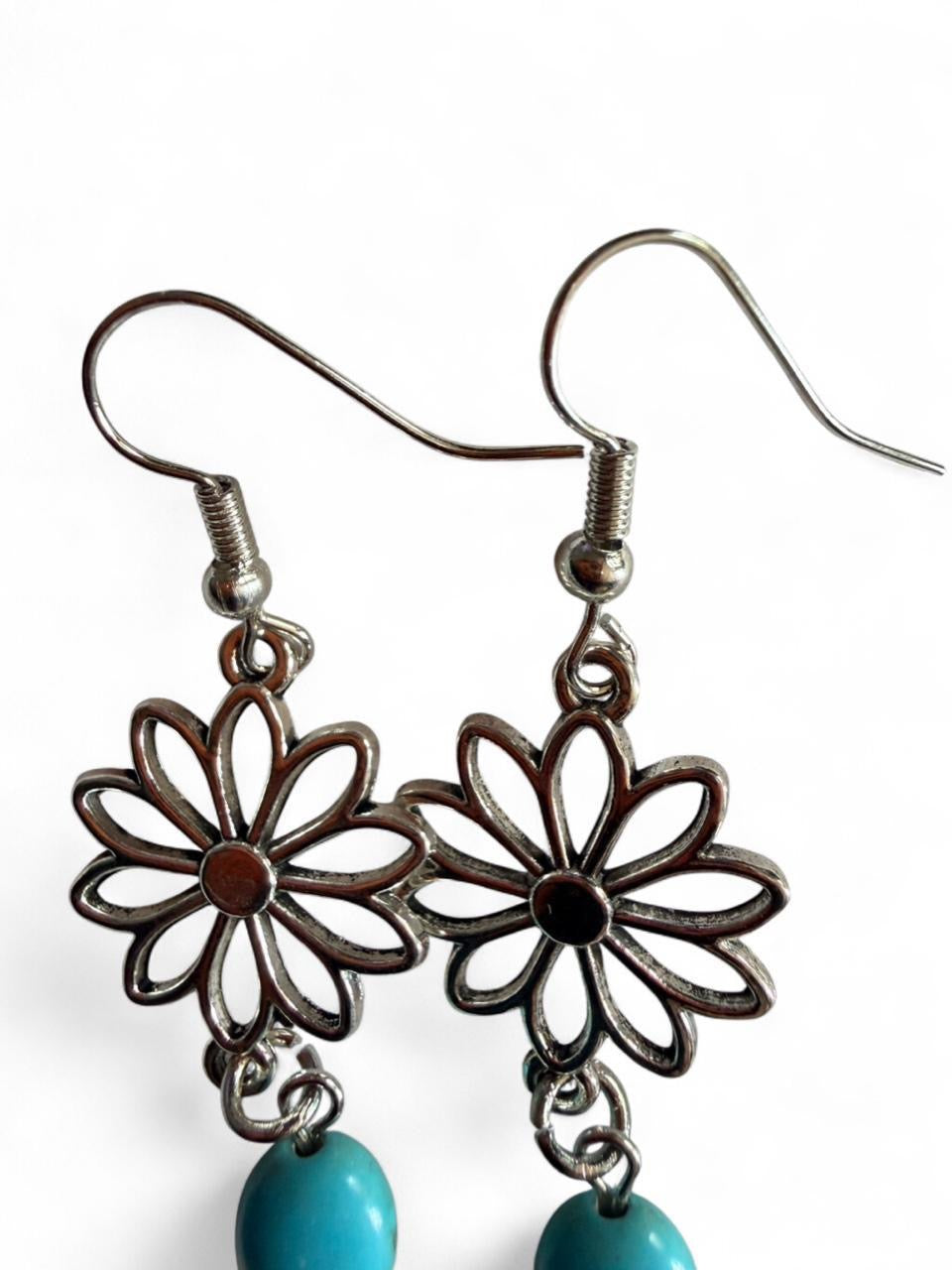 Handmade Turquoise Flower Dangle Earrings – Boho Artisan Jewelry