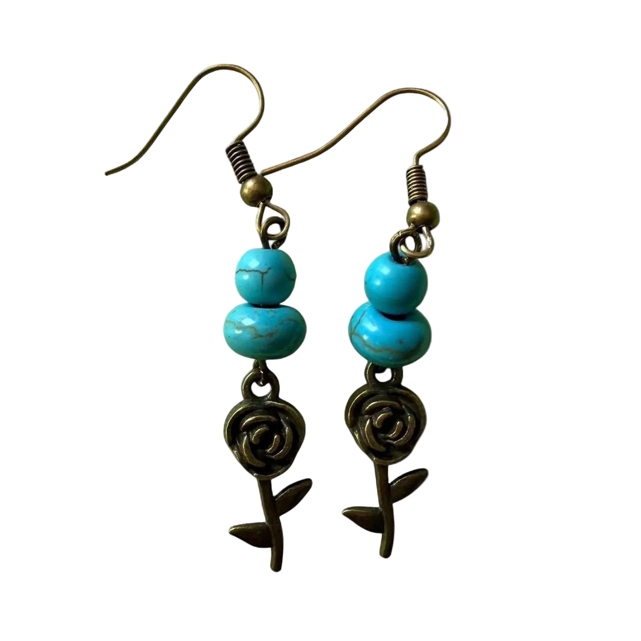 Handmade Turquoise Rose Earrings – Boho • Antique Bronze