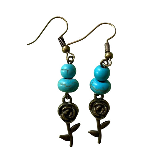 Handmade Turquoise Rose Earrings – Boho • Antique Bronze