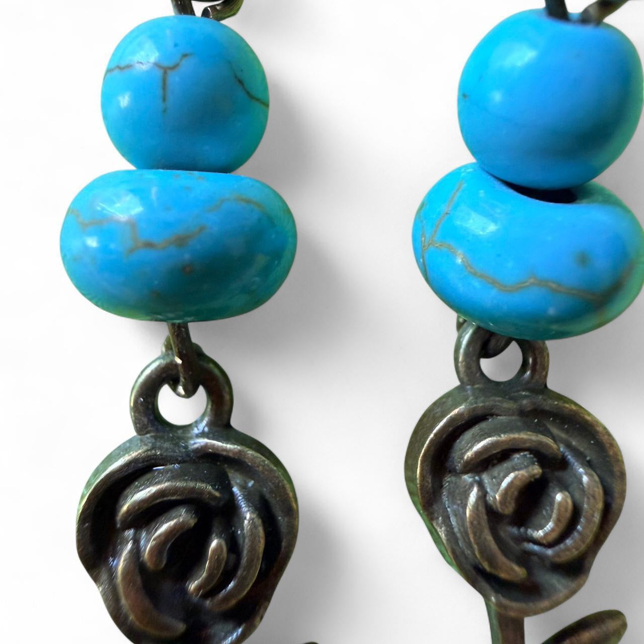 Handmade Turquoise Rose Earrings – Boho • Antique Bronze