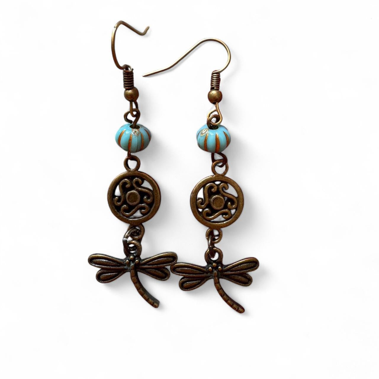 Handmade Turquoise Bronze Dragonfly Earrings — Boho Artisan Jewelry
