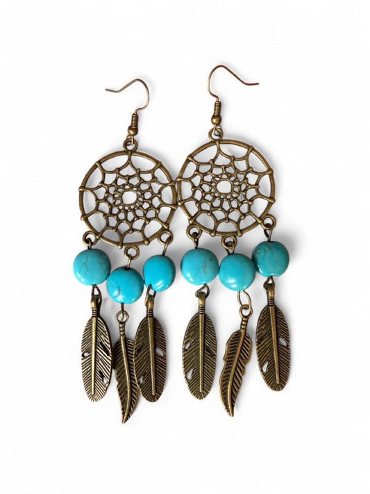 Handmade Dreamcatcher Earrings • Turquoise + Bronze Feathers • Boho Jewelry