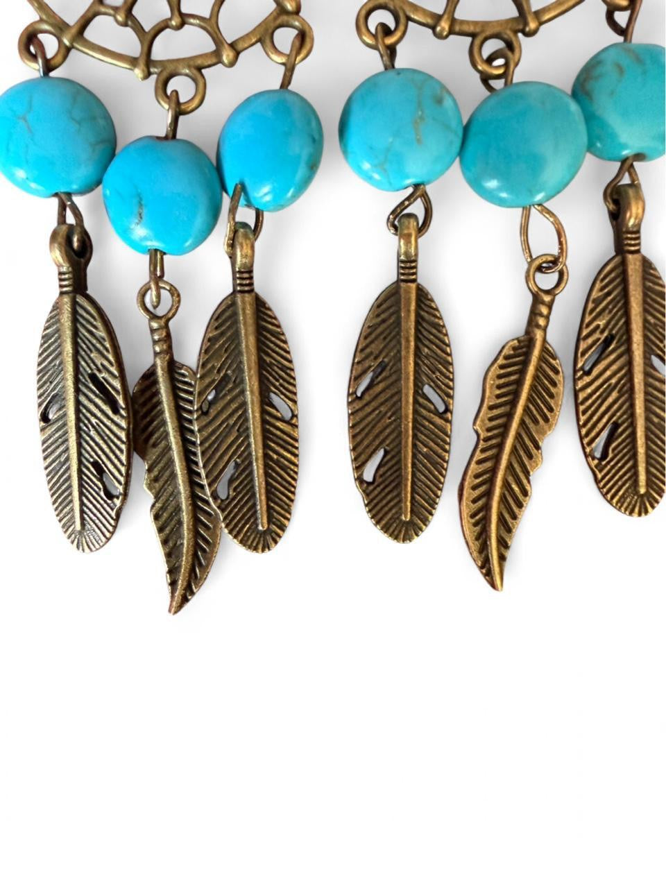 Handmade Dreamcatcher Earrings • Turquoise + Bronze Feathers • Boho Jewelry