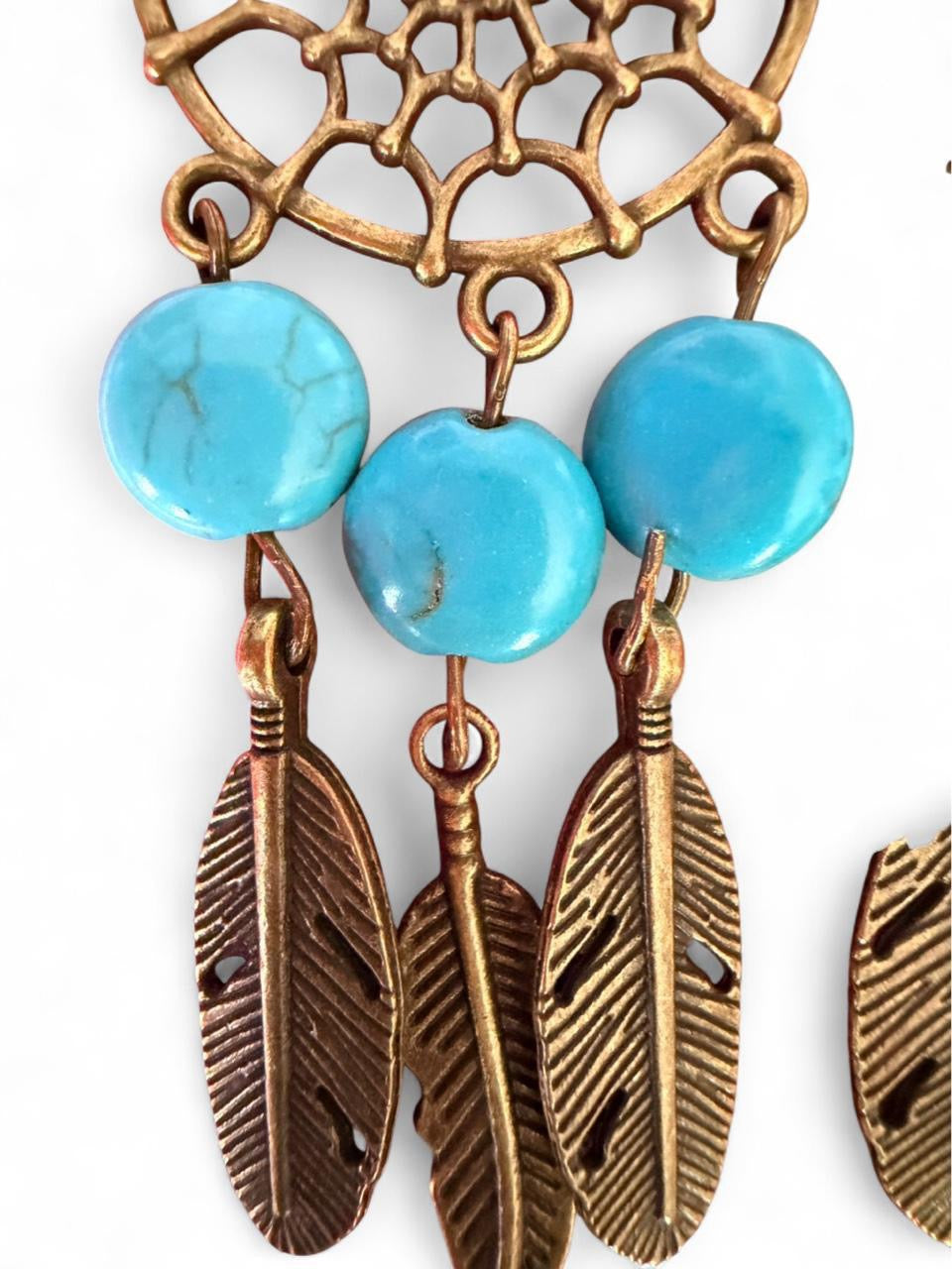 Handmade Dreamcatcher Earrings • Turquoise + Bronze Feathers • Boho Jewelry