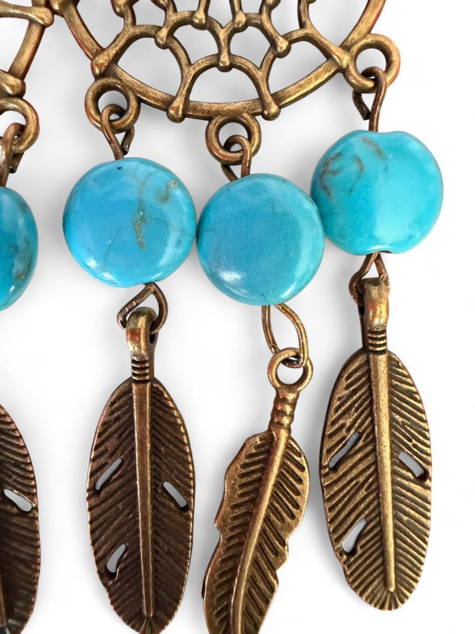 Handmade Dreamcatcher Earrings • Turquoise + Bronze Feathers • Boho Jewelry