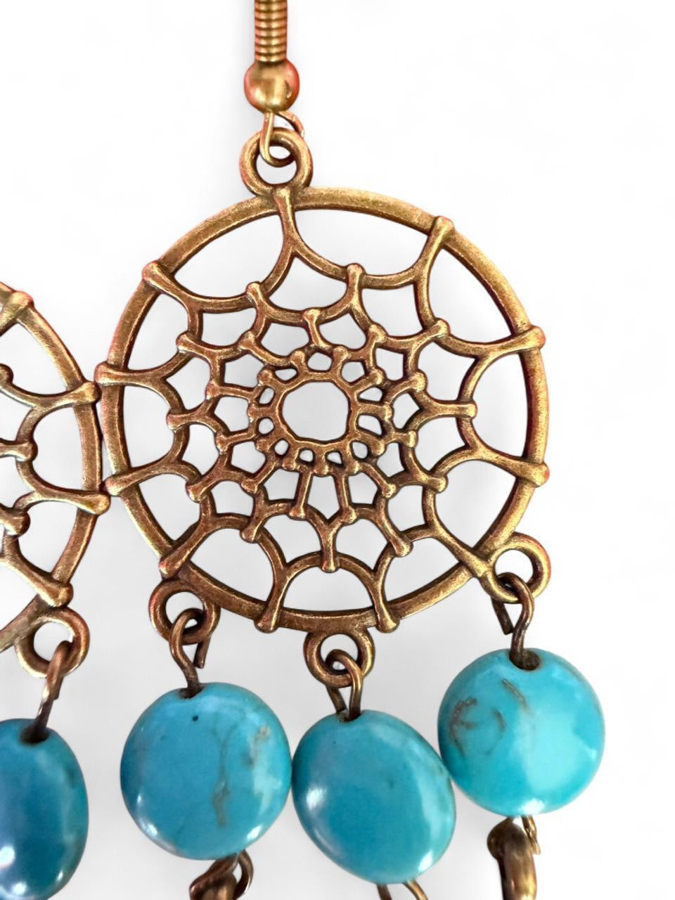 Handmade Dreamcatcher Earrings • Turquoise + Bronze Feathers • Boho Jewelry