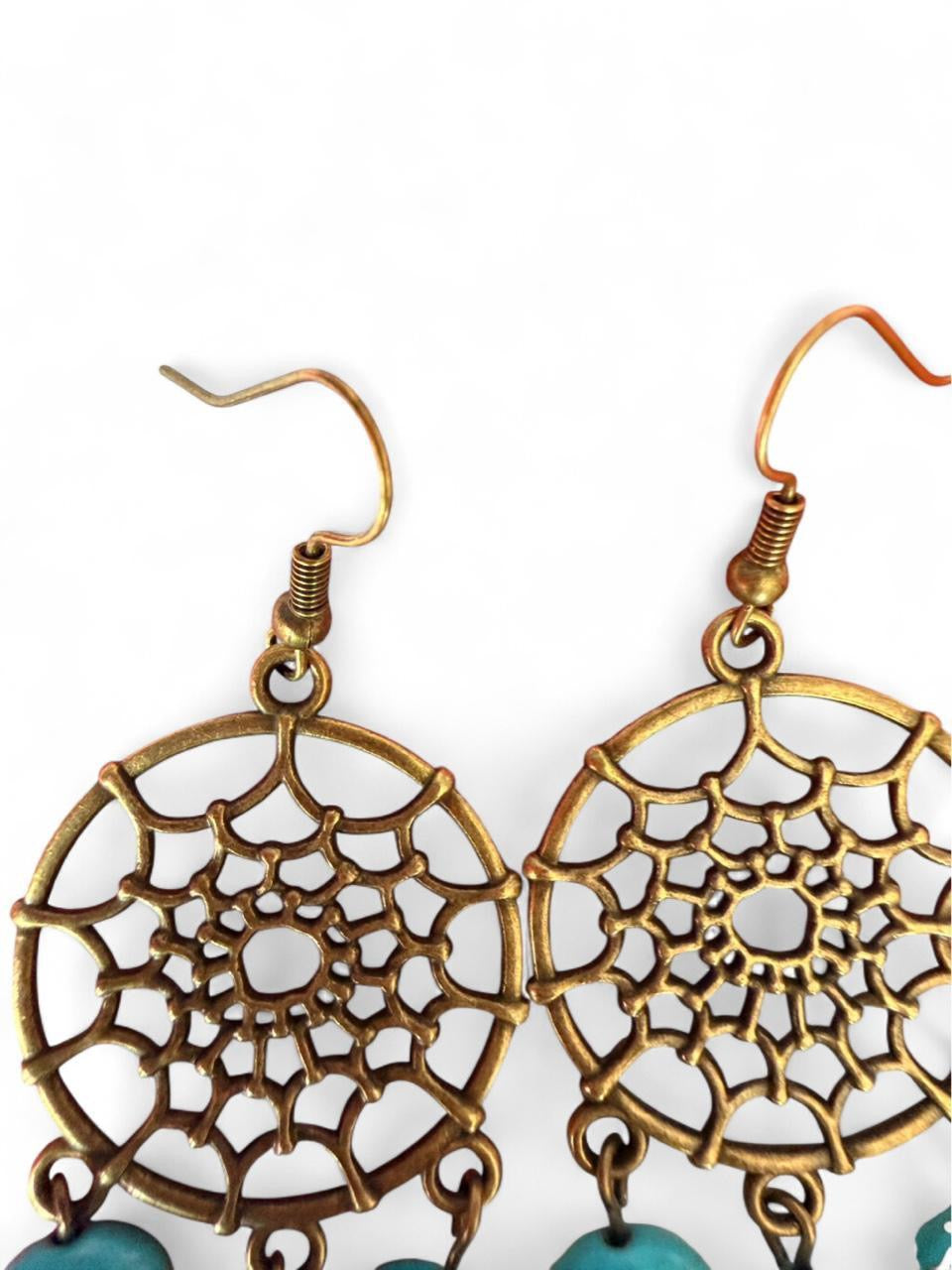 Handmade Dreamcatcher Earrings • Turquoise + Bronze Feathers • Boho Jewelry