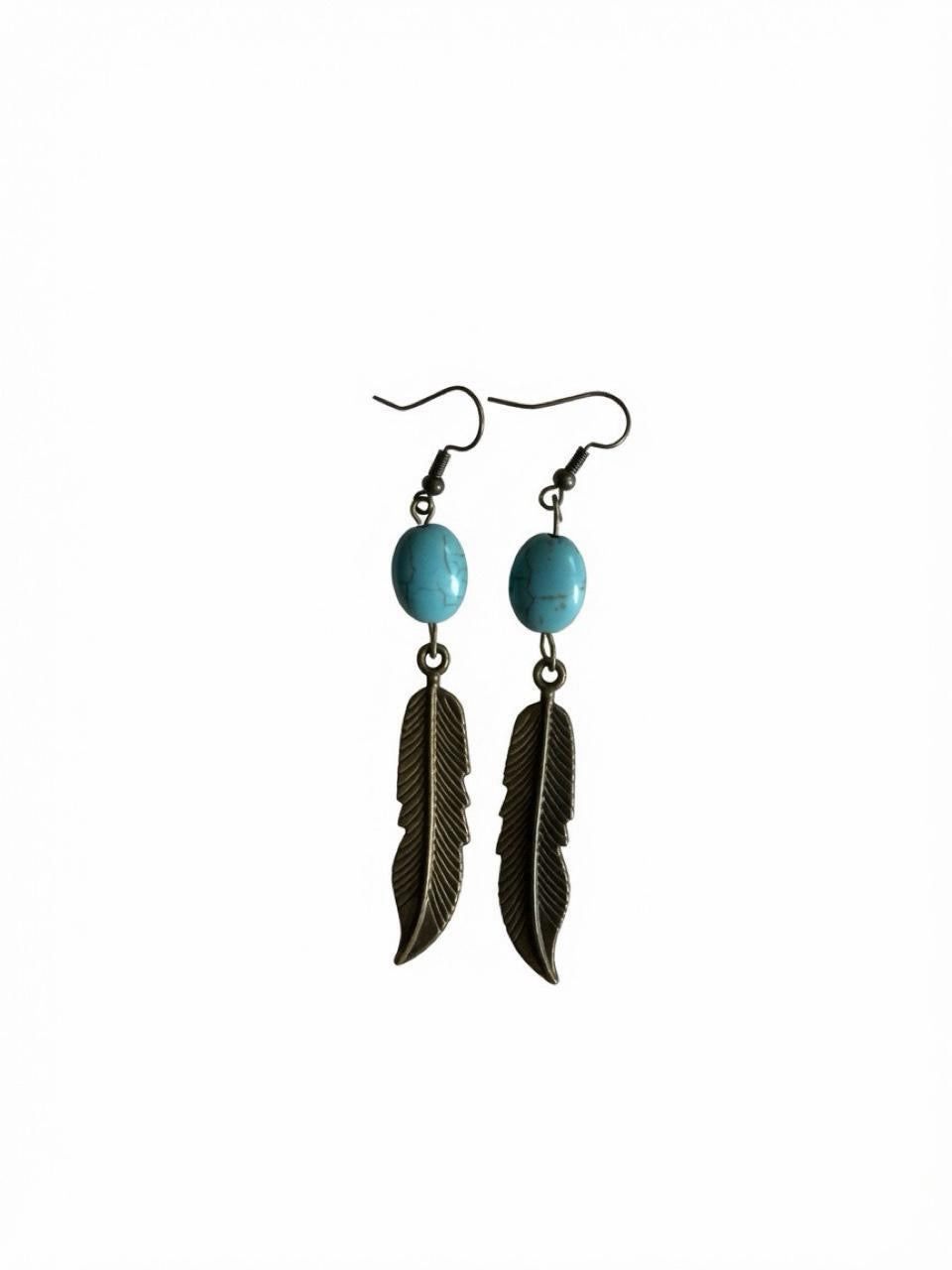 Handmade Turquoise Feather Earrings • Boho Bronze Dangle • MoonstoneYin