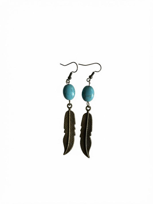 Handmade Turquoise Feather Earrings • Boho Bronze Dangle • MoonstoneYin