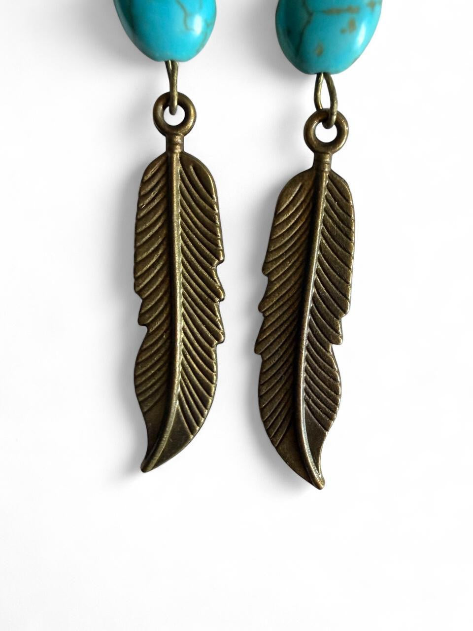 Handmade Turquoise Feather Earrings • Boho Bronze Dangle • MoonstoneYin