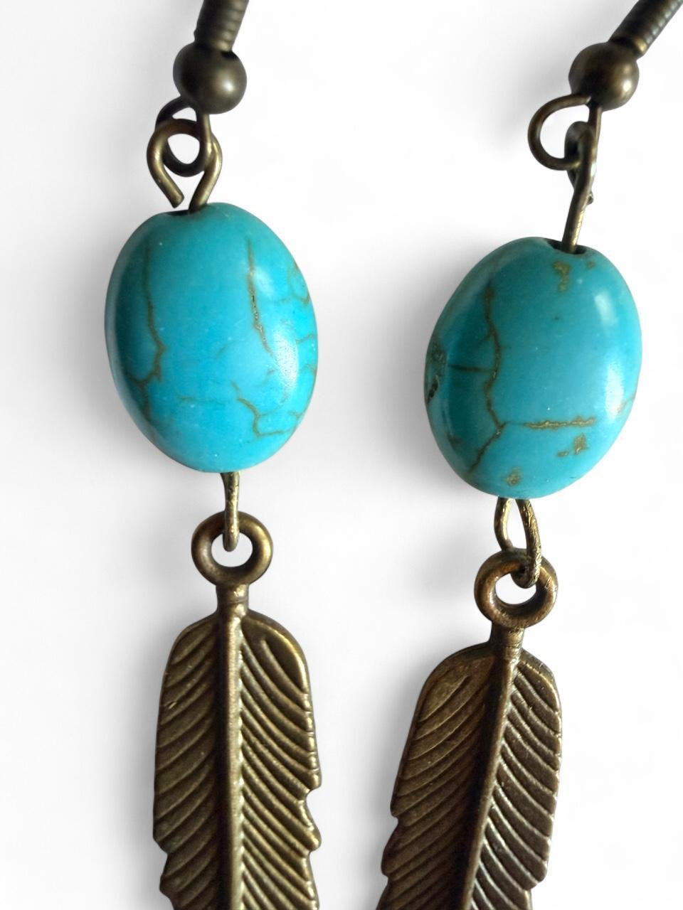Handmade Turquoise Feather Earrings • Boho Bronze Dangle • MoonstoneYin