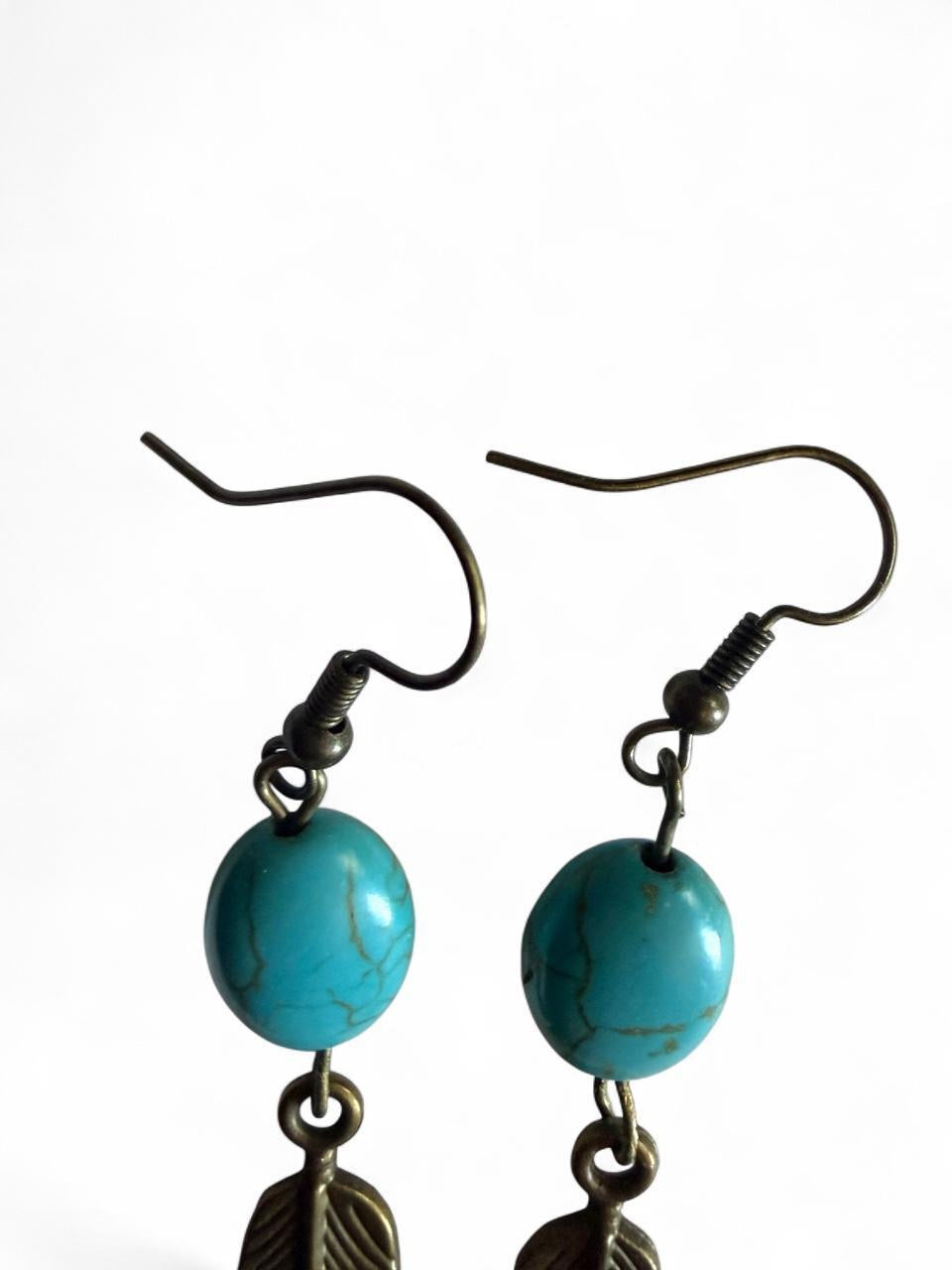Handmade Turquoise Feather Earrings • Boho Bronze Dangle • MoonstoneYin