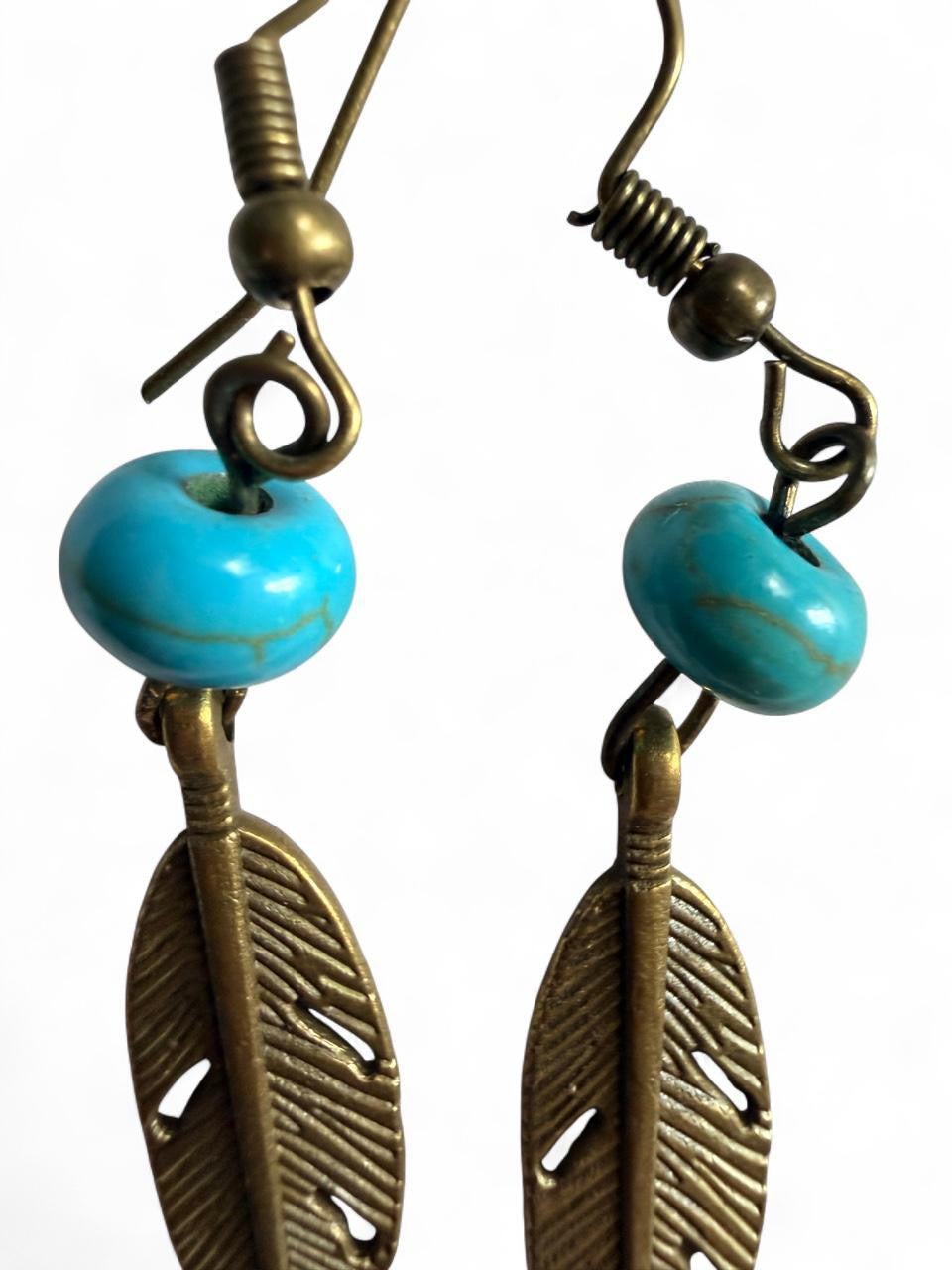 Handmade Turquoise & Bronze Feather Earrings