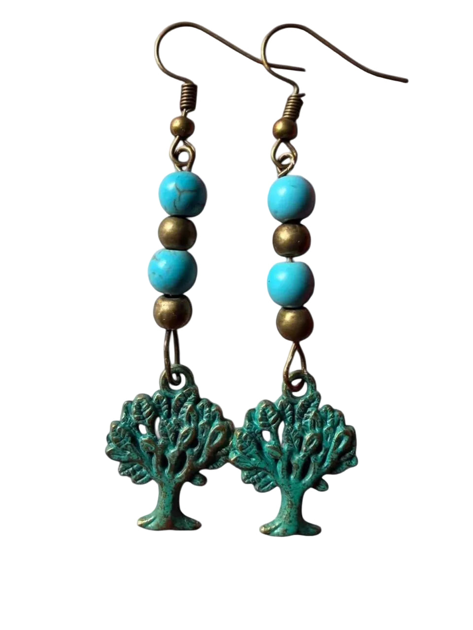 Handmade Turquoise Tree Earrings – Boho • Brass Accents