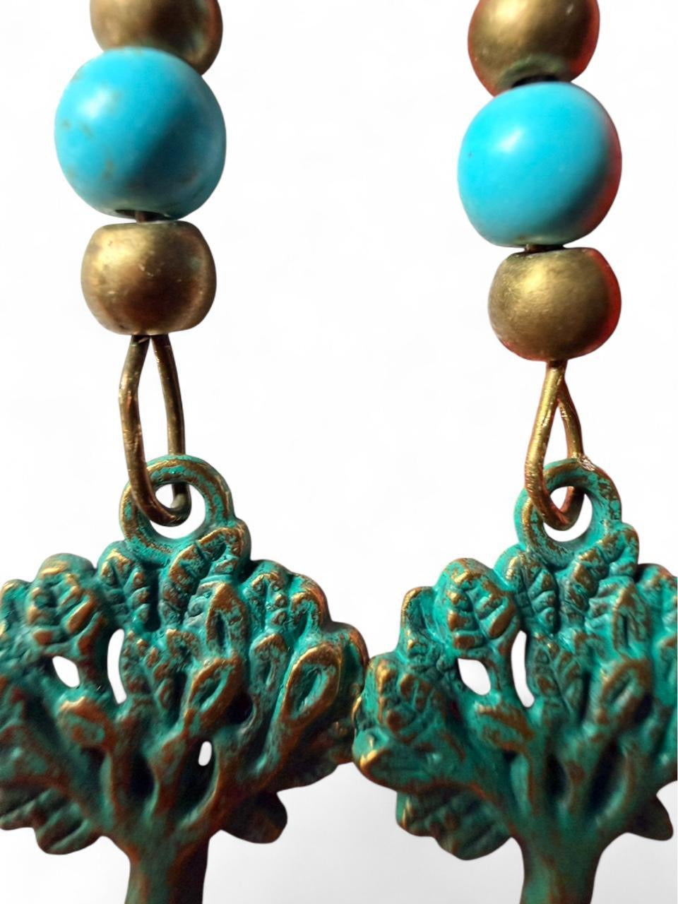 Handmade Turquoise Tree Earrings – Boho • Brass Accents