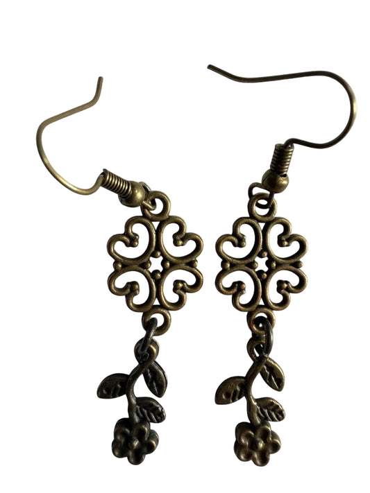 Boho Bronze Flower Vine Dangle Earrings | Handmade Antiqued Gold Floral Jewelry