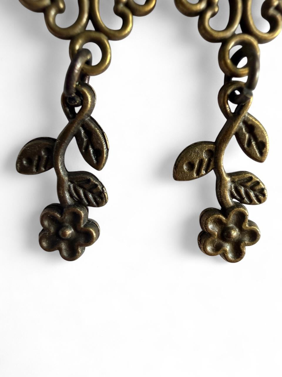 Boho Bronze Flower Vine Dangle Earrings | Handmade Antiqued Gold Floral Jewelry