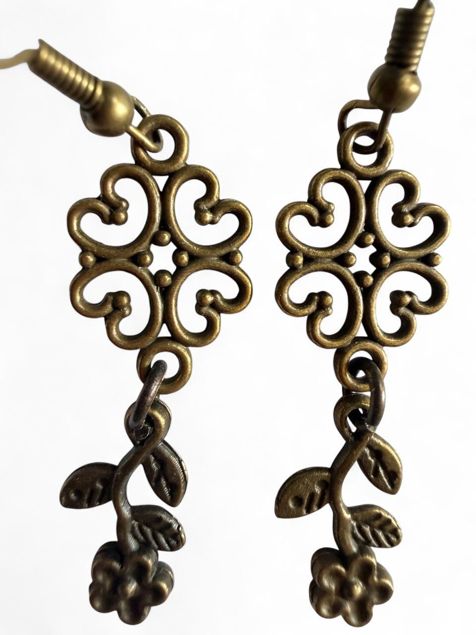 Boho Bronze Flower Vine Dangle Earrings | Handmade Antiqued Gold Floral Jewelry