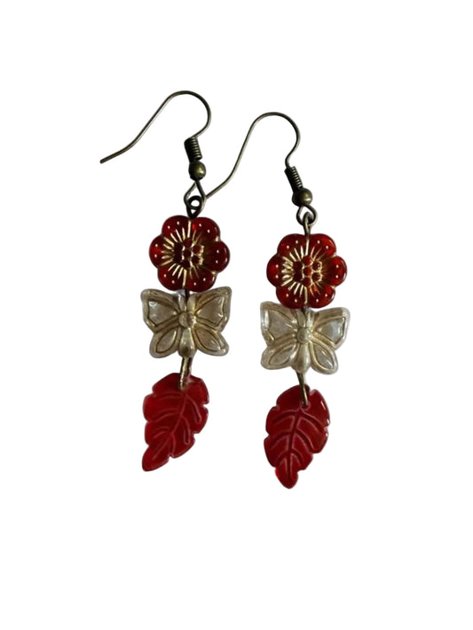 Handmade Red Flower Butterfly Leaf Dangle Earrings