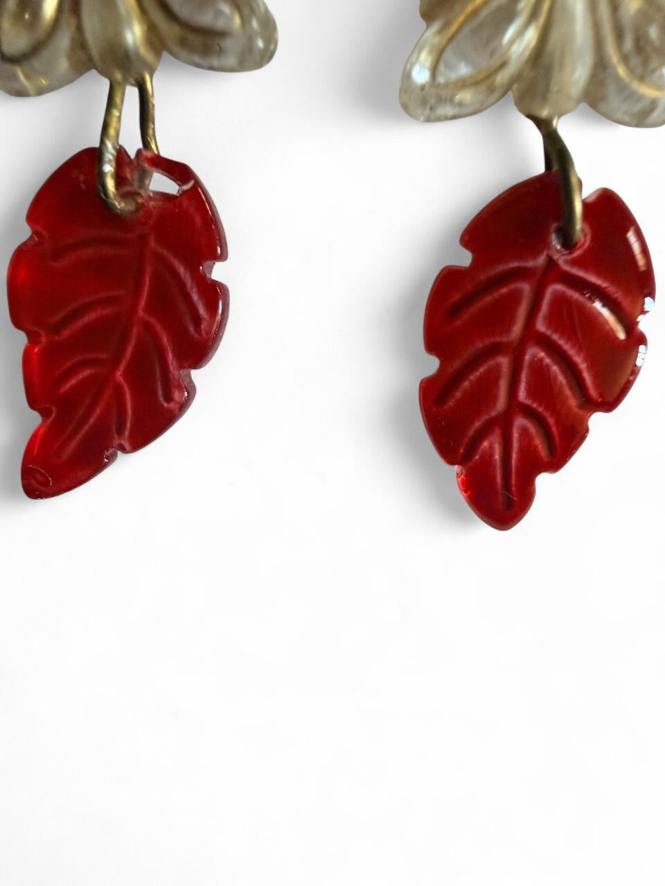 Handmade Red Flower Butterfly Leaf Dangle Earrings