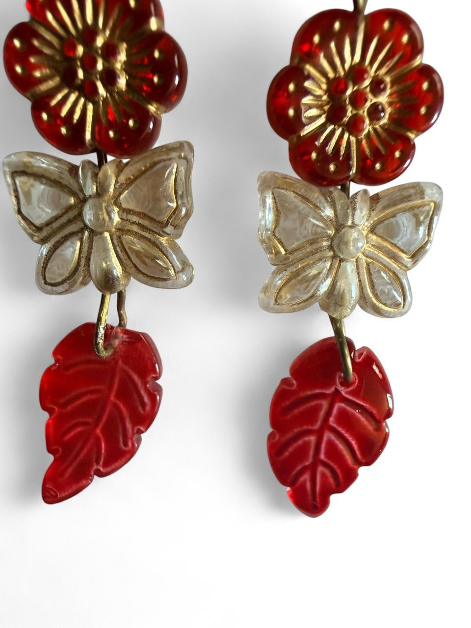 Handmade Red Flower Butterfly Leaf Dangle Earrings